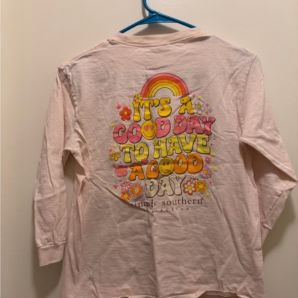 Simply Southern Pink Long Sleeve Tee with Retro Rainbow Graphic